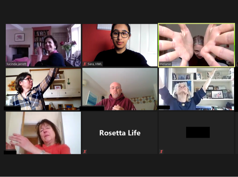 participants of video call waving and smiling